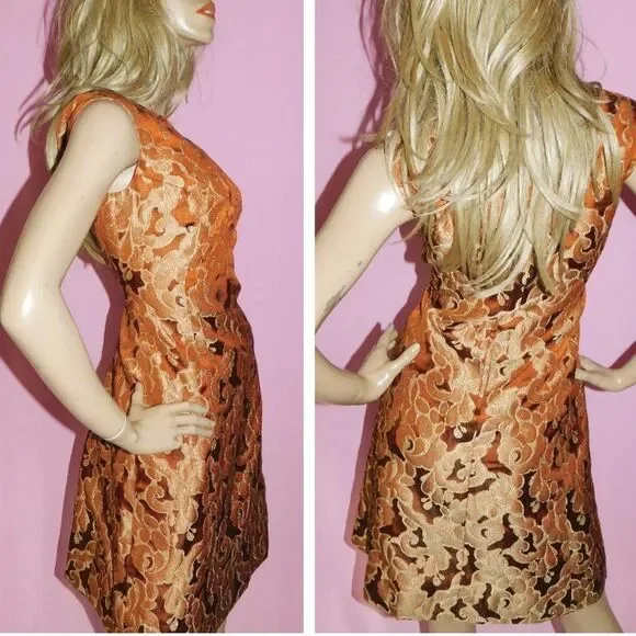 Vintage 50s 60s Gold Floral Dress – Elegant Brocade Shift Cocktail Dress - Picture 7 of 7